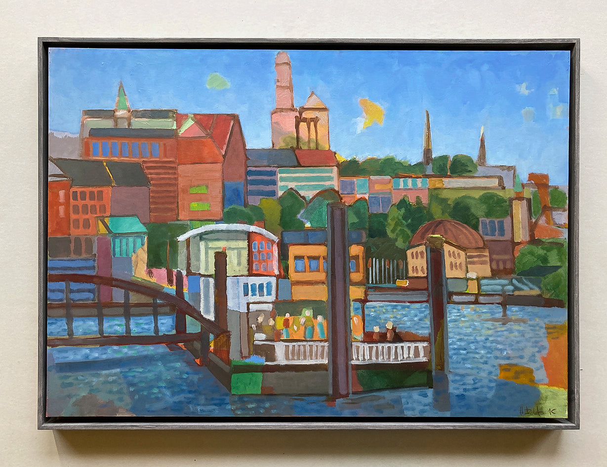 Originalgemälde Blick auf St. Pauli Hamburg von Heinz Rolefs mit Hafen, Brücke und Stadtansicht, Öl auf Pappe 2024