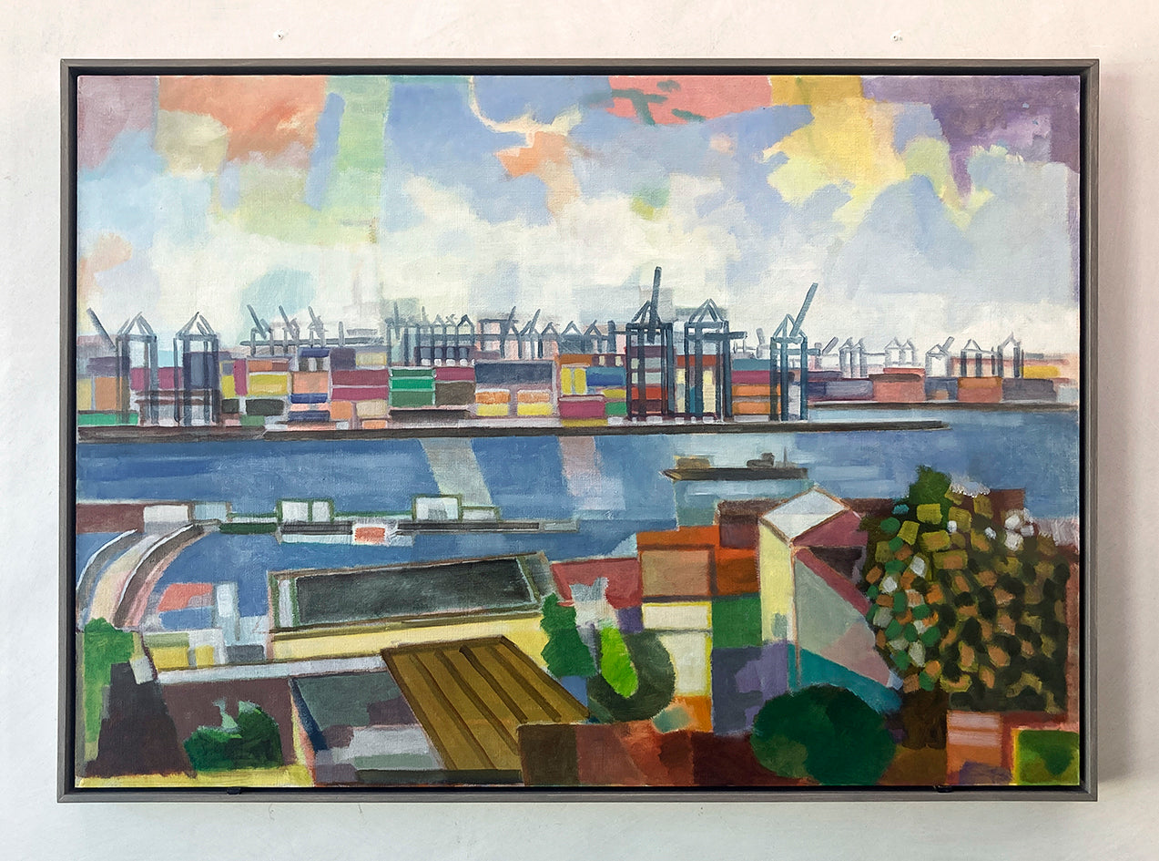 Originalgemälde Containerhafen Hamburg von Heinz Rolefs mit Containerterminal und Hafenkränen, Öl auf Karton 2022