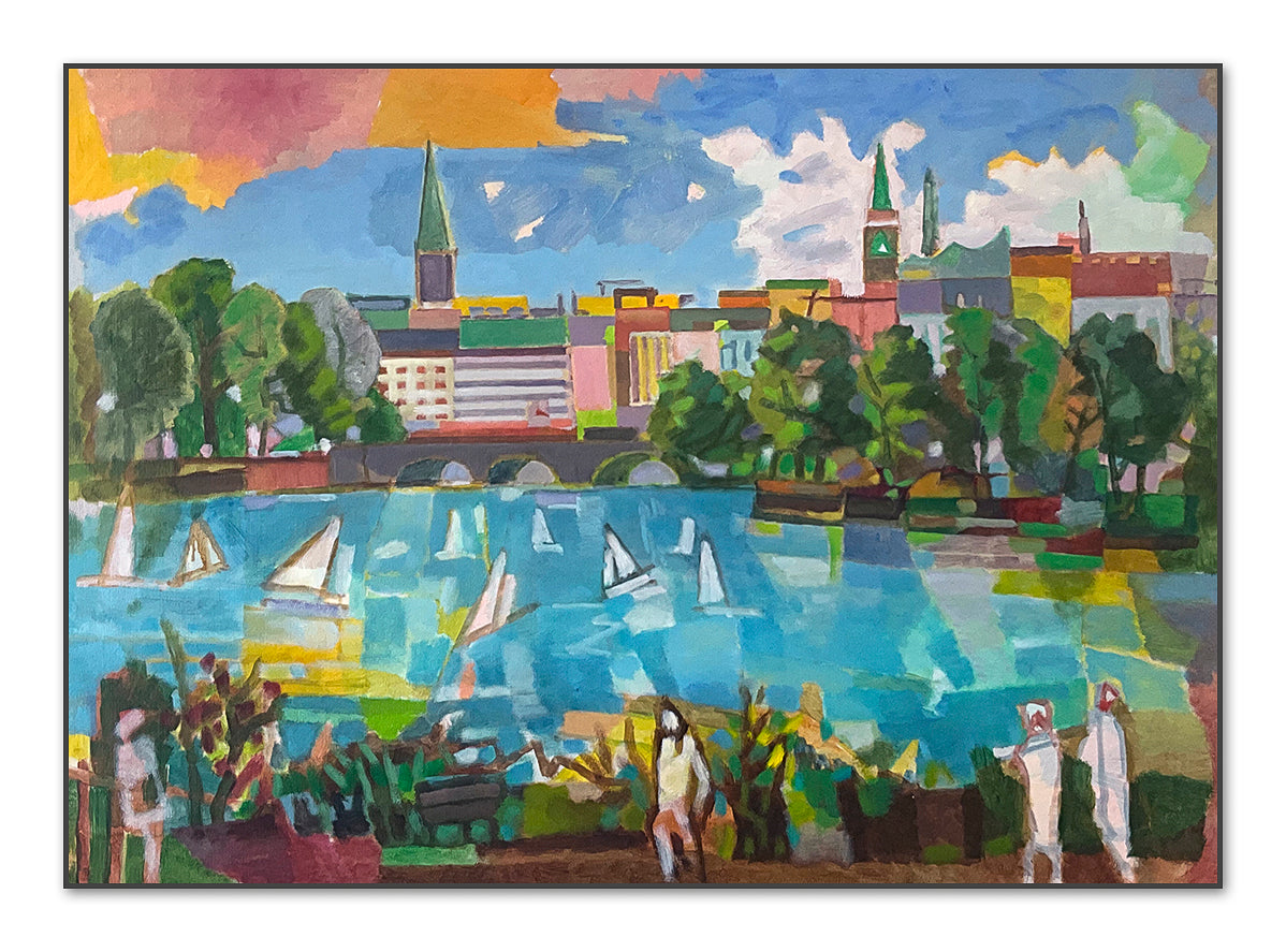 Originalgemälde Alstergeister von Heinz Rolefs mit Segelbooten auf der Hamburger Alster und Skyline der Stadt, Öl auf Karton 2025