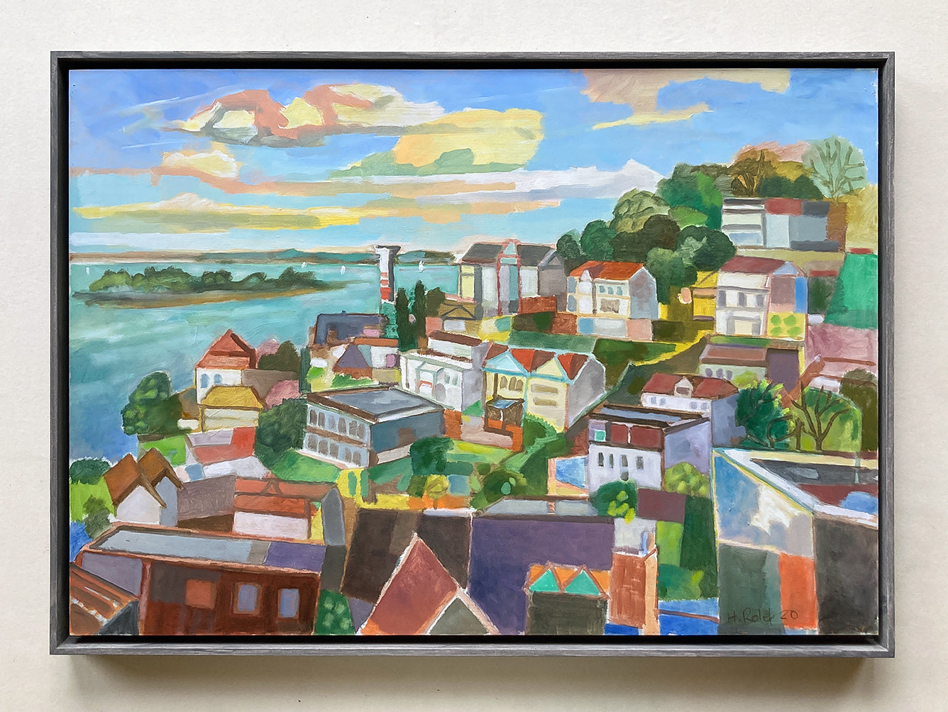 Originalgemälde Blankenese Hamburg von Heinz Rolefs mit Häusern am Elbhang und Blick auf die Elbe, Öl auf Papier auf Karton 2020