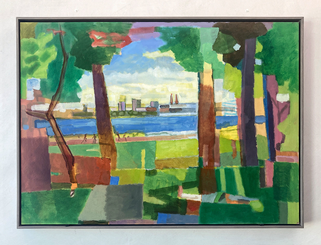 Originalgemälde Blick auf St. Georg vom westlichen Alsterufer Hamburg von Heinz Rolefs, Öl auf Karton 50 × 70 cm, Alsterlandschaft 2022