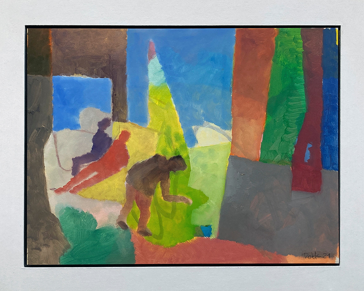 Originalgemälde Der blaue Becher von Heinz Rolefs, Öl auf Karton 30 × 40 cm, abstrakte Szene mit Figuren und blauem Becher