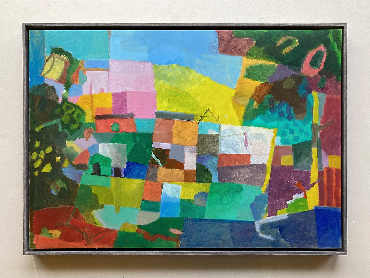 Originalgemälde Der gelbe Berg Erinnerung an Odemira von Heinz Rolefs, Öl auf Karton 42 × 59 cm, abstrakte Landschaft mit gelbem Berg und farbigen Häusern