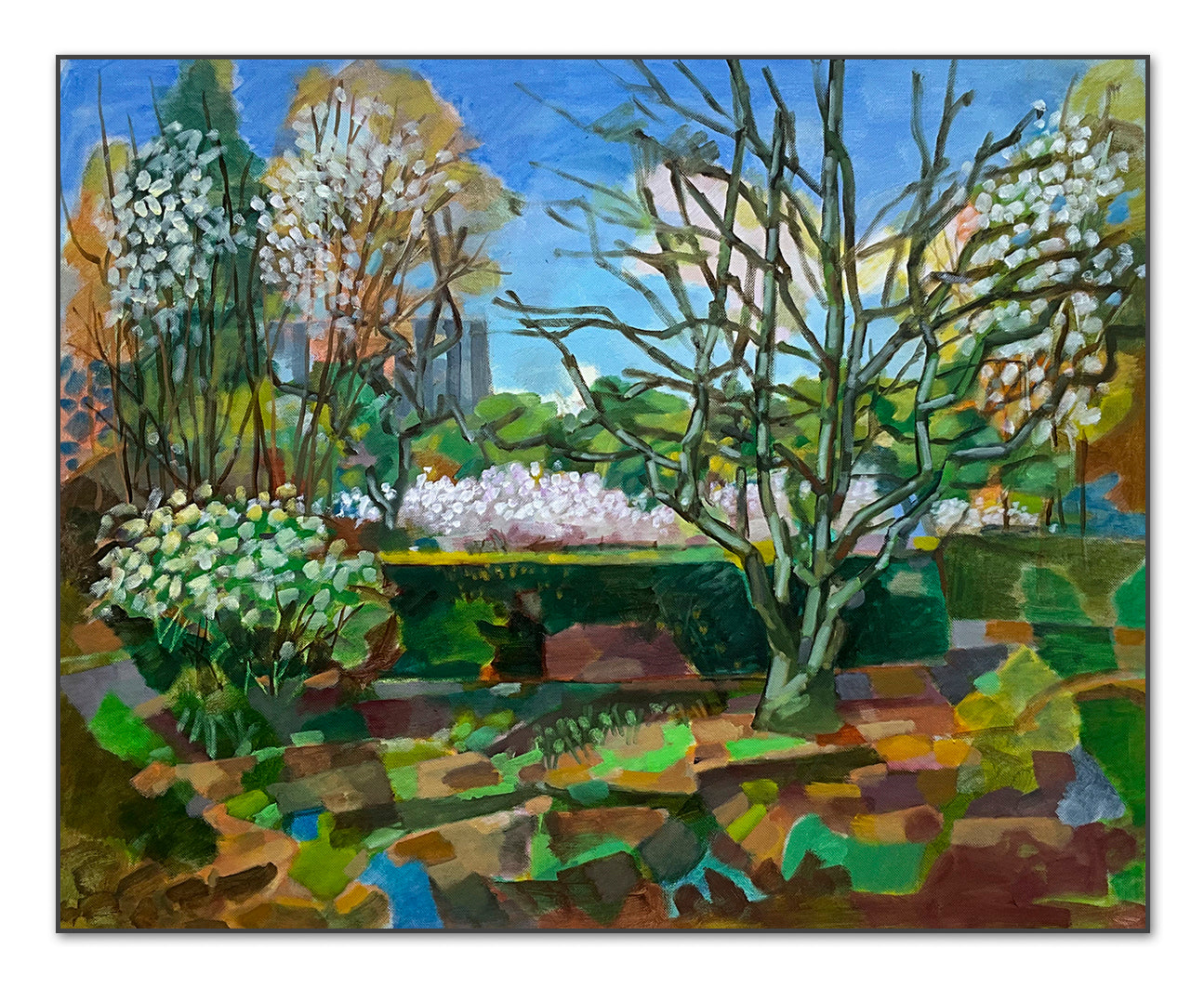 Originalgemälde Planten un Blomen Hamburg von Heinz Rolefs, Öl auf Karton 40 × 50 cm, Parklandschaft mit blühenden Bäumen