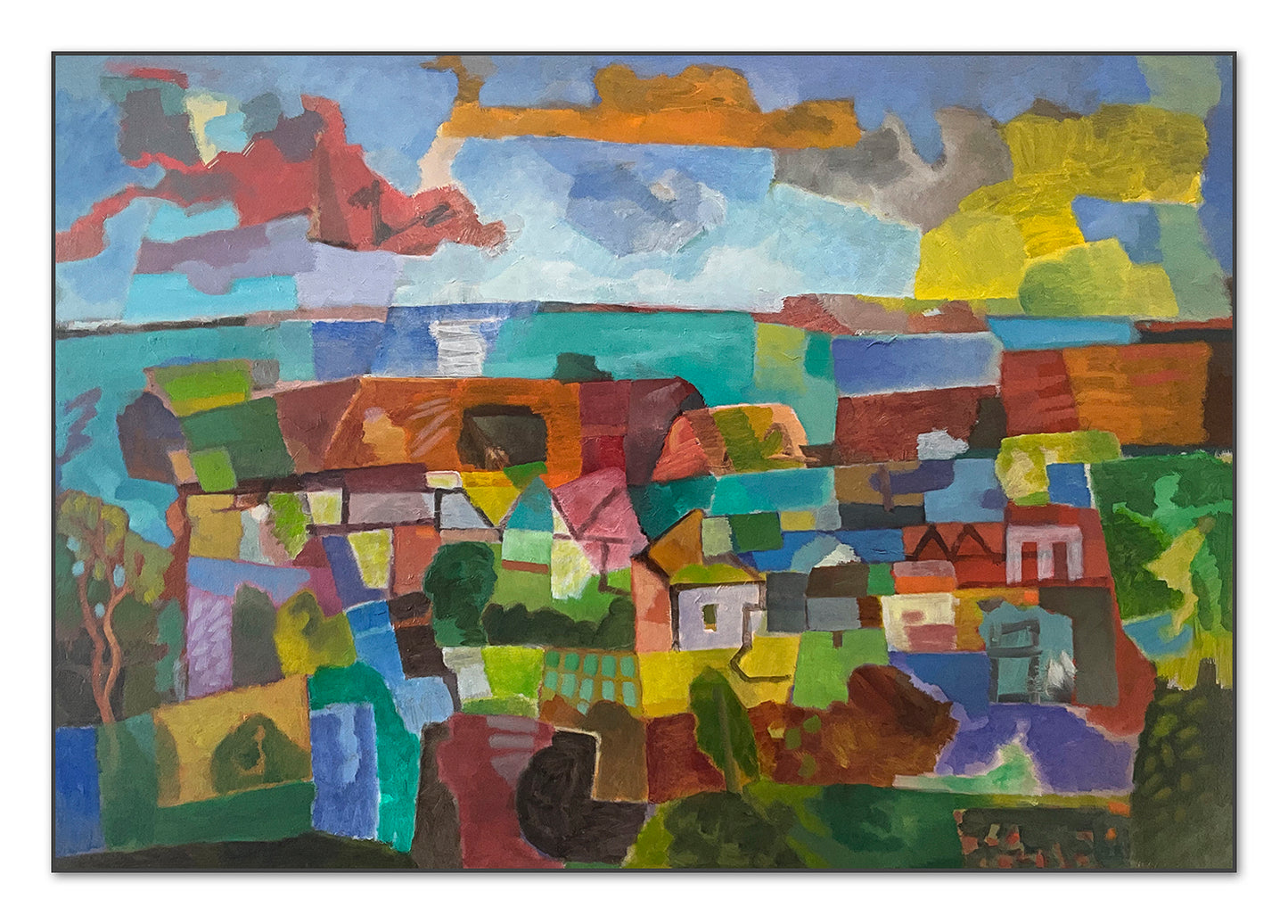 Originalgemälde Erinnerung an das Bohuslän von Heinz Rolefs, Öl auf Karton 70 × 100 cm, farbige abstrakte Landschaft mit Häusern und Himmel