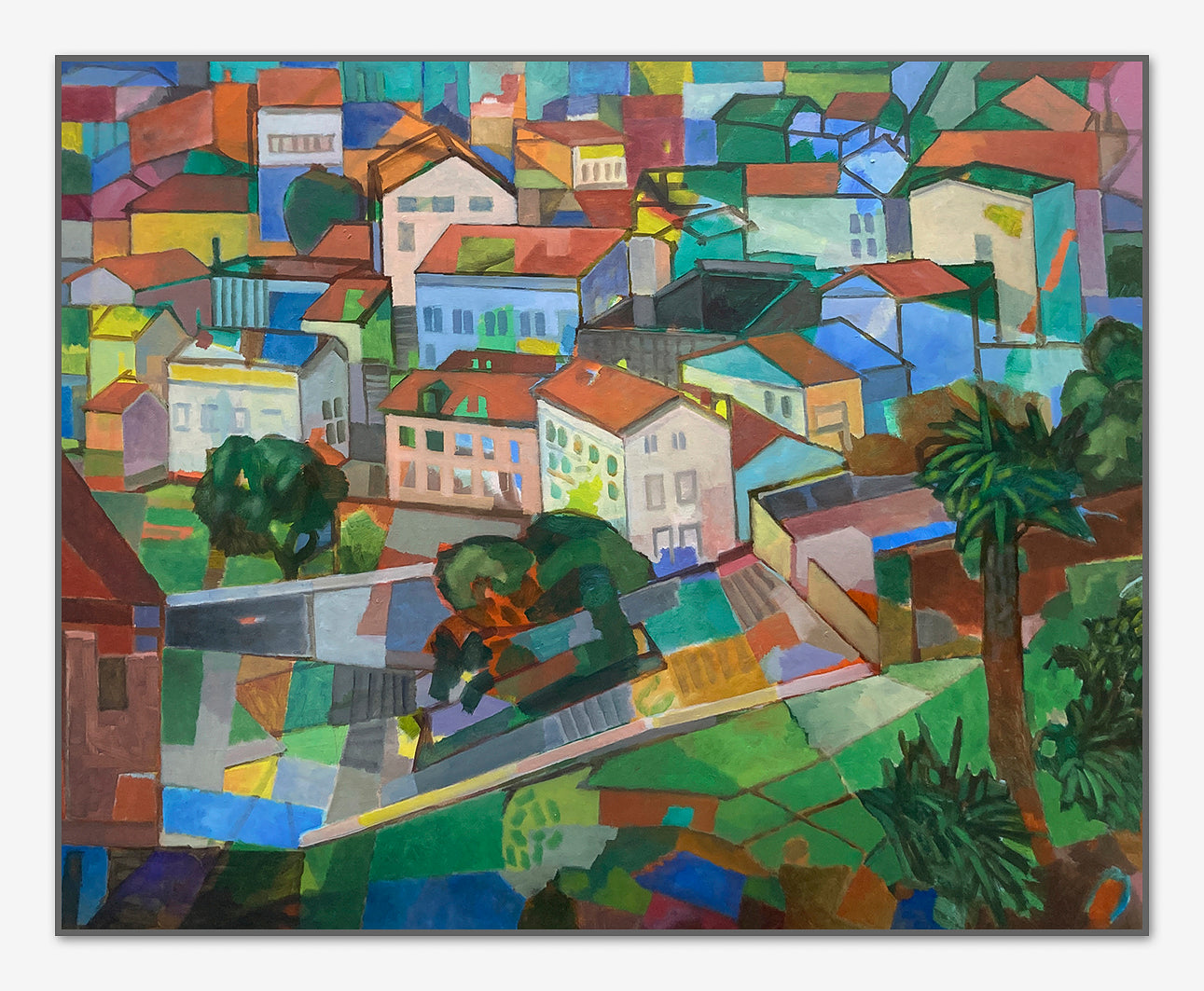 Originalgemälde Lissabon von Heinz Rolefs, Öl auf Leinwand 80 × 100 cm, farbige Stadtlandschaft mit Häusern und Hügeln