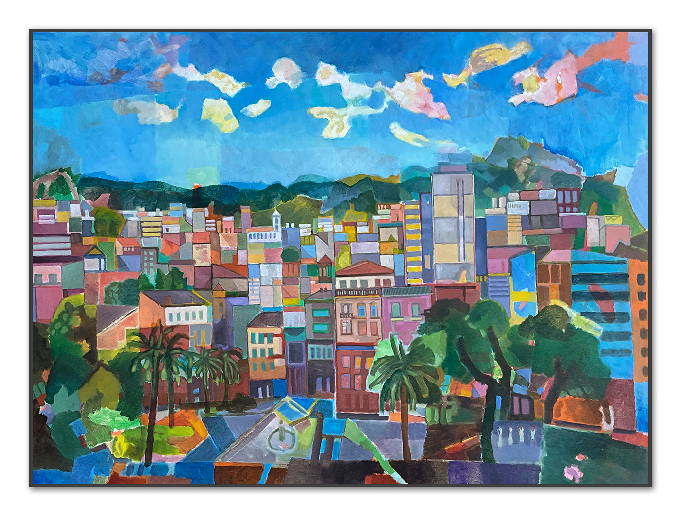 Originalgemälde Palma gesehen vom Museo Baluard von Heinz Rolefs, Öl auf Leinwand 125 × 160 cm, farbige Stadtlandschaft mit Palmen und Häusern