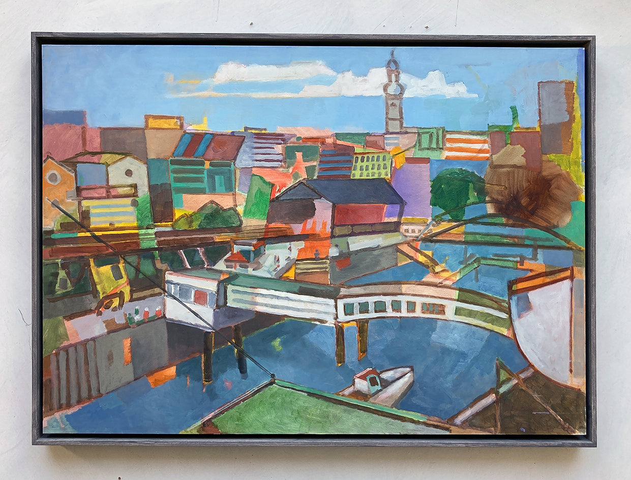 Originalgemälde Blick von der Cap San Diego Hamburg von Heinz Rolefs mit Hafen, Brücke und Skyline, Öl auf Papier auf Karton 2020