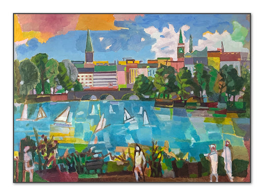 Originalgemälde Alstergeister von Heinz Rolefs mit Segelbooten auf der Hamburger Alster und Skyline der Stadt, Öl auf Karton 2025