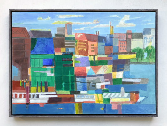 Originalgemälde Jungfernstieg Hamburg von Heinz Rolefs mit Blick auf die Binnenalster und Stadthäuser, Öl auf Papier auf Karton 2020