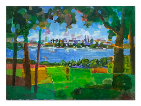 Originalgemälde An der Alster Hamburg von Heinz Rolefs, Öl auf Karton 50 × 70 cm, moderne Alsterlandschaft