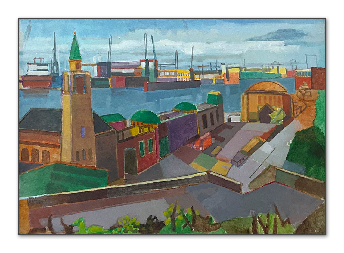 Landungsbrücken, 2024, Öl auf Karton, 42 x 59 cm