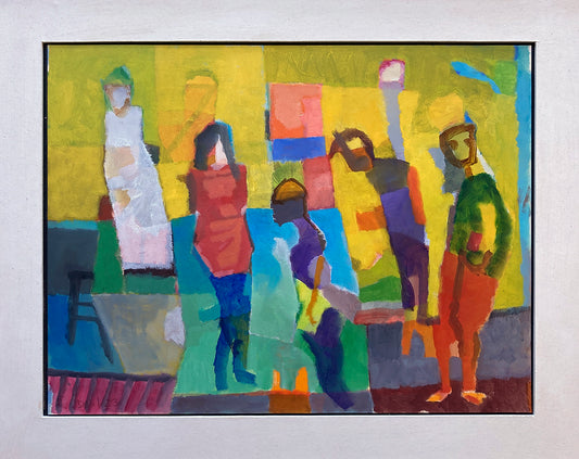 Originalgemälde Vier gegen eine Familienaufstellung von Heinz Rolefs, Öl auf Karton 30 × 40 cm, abstrakte Figurenkomposition