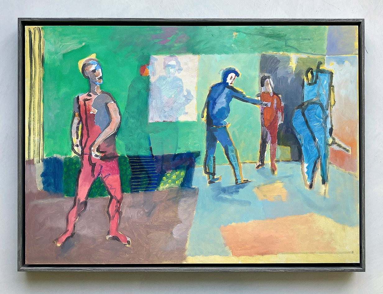 Originalgemälde Du mußt gehen von Heinz Rolefs, Öl auf Karton 42 × 59 cm, Szene mit mehreren abstrakten Figuren