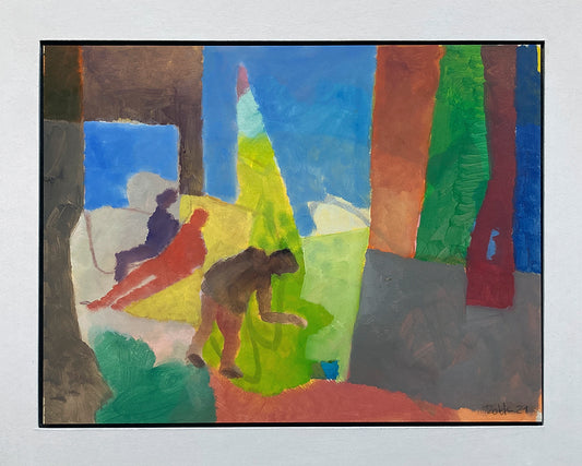 Originalgemälde Der blaue Becher von Heinz Rolefs, Öl auf Karton 30 × 40 cm, abstrakte Szene mit Figuren und blauem Becher