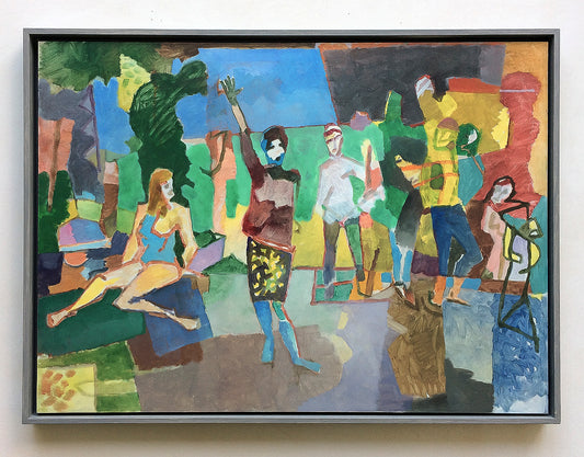 Originalgemälde Dancing In The Street von Heinz Rolefs, Öl auf Karton 42 × 49 cm, Szene mit mehreren tanzenden Figuren