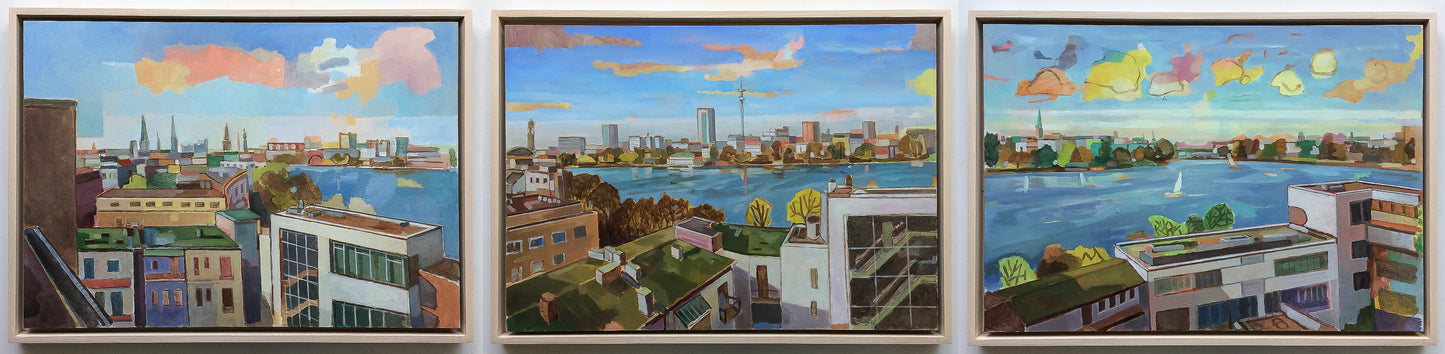 Alster Triptychon Hamburg von Heinz Rolefs, dreiteiliges Gemälde Öl auf Karton 177 × 42 cm, Blick über die Alster