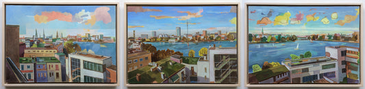 Alster Triptychon Hamburg von Heinz Rolefs, dreiteiliges Gemälde Öl auf Karton 177 × 42 cm, Blick über die Alster