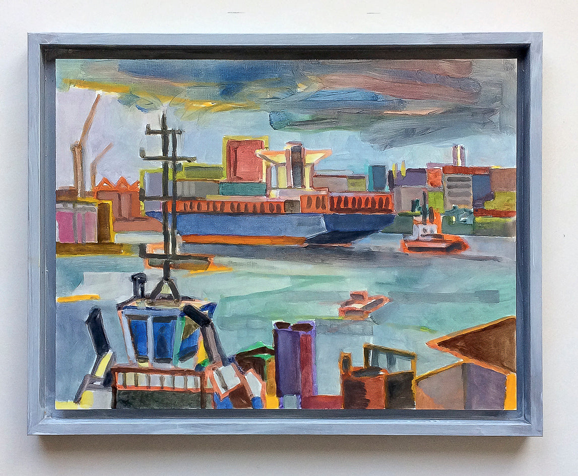 Originalgemälde Hamburger Hafen von Heinz Rolefs, Öl auf Karton 30 × 40 cm, Hafenlandschaft Hamburg