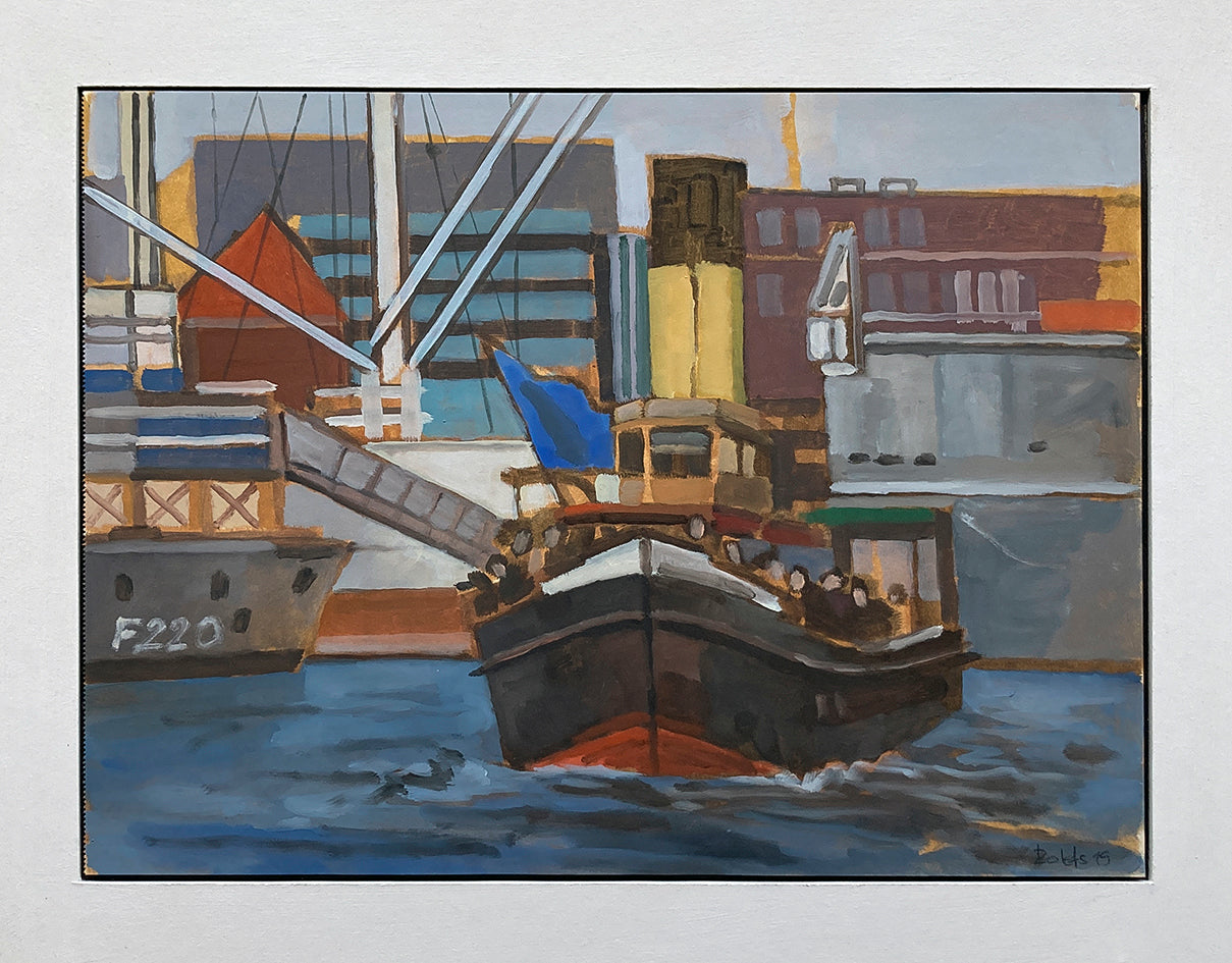 Originalgemälde Alter Schlepper Hamburg von Heinz Rolefs, Öl auf Papier auf Karton 30 × 40 cm, Hafenmotiv mit Schlepper