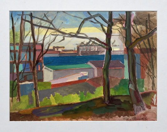 Originalgemälde Blick auf die Elbe Hamburg von Heinz Rolefs, Öl auf Papier auf Karton 30 × 40 cm, Elblandschaft mit Bäumen