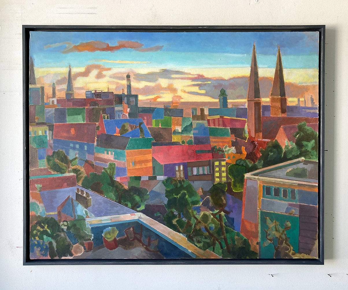 Originalgemälde St. Georg Blick auf die Stadt Hamburg von Heinz Rolefs, Öl auf Leinwand 80 × 100 cm, Hamburger Stadtsilhouette