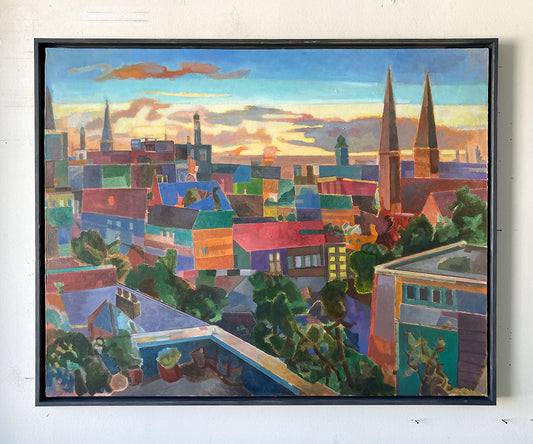 Originalgemälde St. Georg Blick auf die Stadt Hamburg von Heinz Rolefs, Öl auf Leinwand 80 × 100 cm, Hamburger Stadtsilhouette