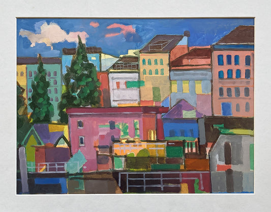 Originalgemälde Hafenstraße Hamburg von Heinz Rolefs, Öl auf Karton 30 × 40 cm, farbige Häuser und Stadtlandschaft