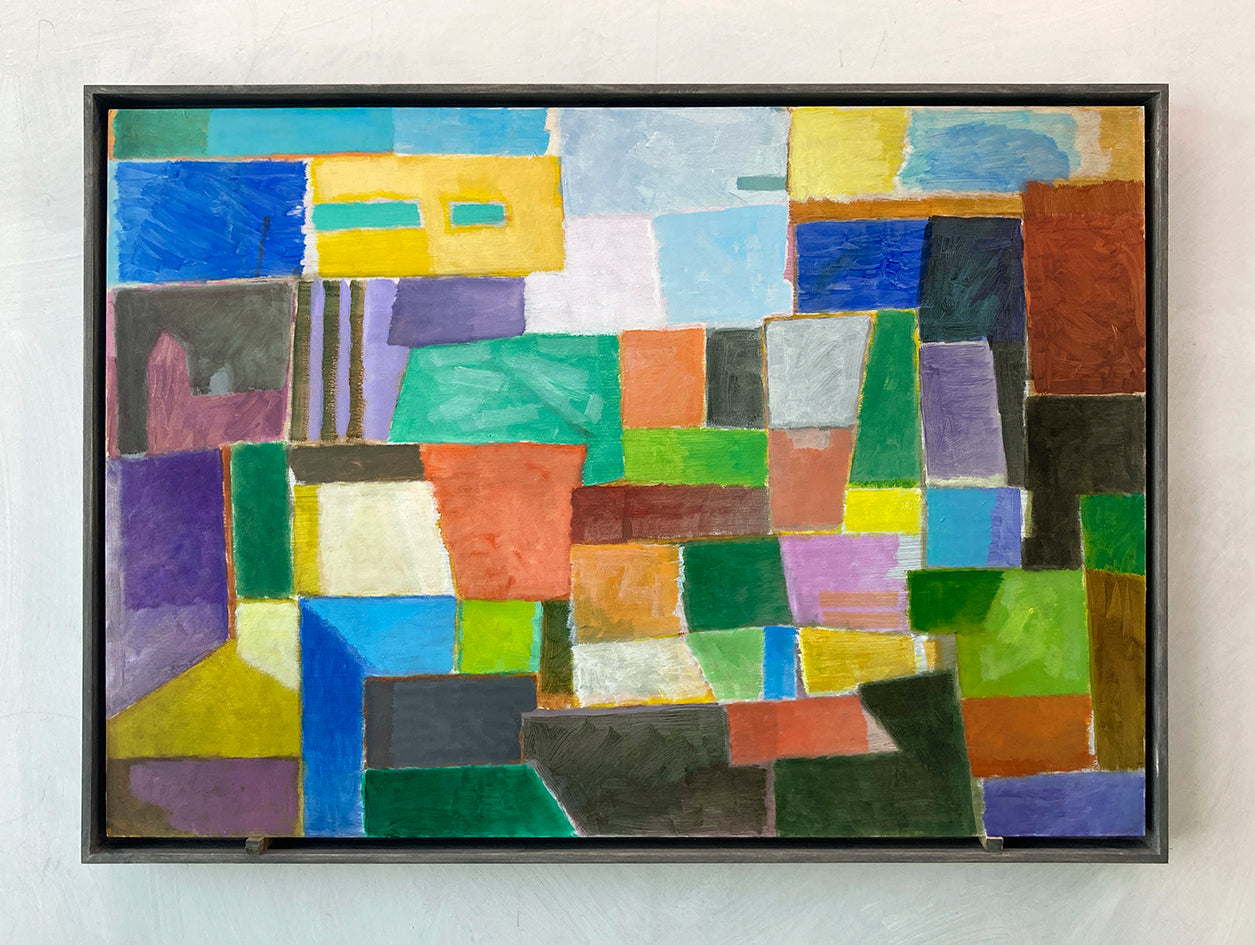 Originalgemälde Some Jazz Chords von Heinz Rolefs, Öl auf Karton 42 × 59 cm, abstrakte Komposition aus farbigen geometrischen Flächen