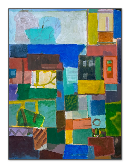 Originalgemälde Blankenese Treppenviertel Hamburg von Heinz Rolefs, abstrakte Darstellung der Architektur und Häuser im Treppenviertel, Öl auf Karton 2024