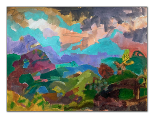 Originalgemälde Wind von Heinz Rolefs, Öl auf Karton 30 × 40 cm, abstrakte farbige Landschaft mit Himmel und Hügeln