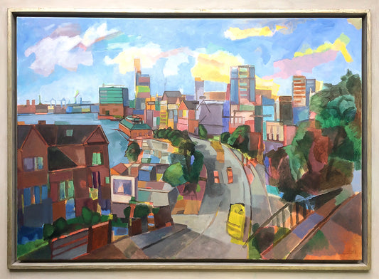 Originalgemälde Hamburger Hafen St. Pauli von Heinz Rolefs, farbintensive Stadtlandschaft mit Skyline, Straße und Hafenanlagen, Öl auf Leinwand 2016